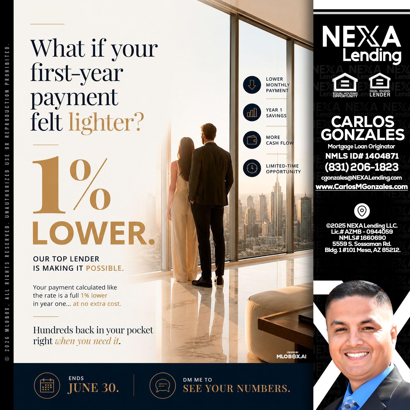 1% lower - Carlos Gonzales -Mortgage Loan Originator